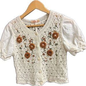 Women’s Cream Floral Crochet & Embroidered Top